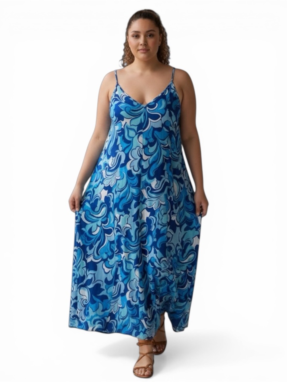 NWT Van Winkle Blue Abstract Boho Maxi Dress 2X Plus Spaghetti Strap Pockets